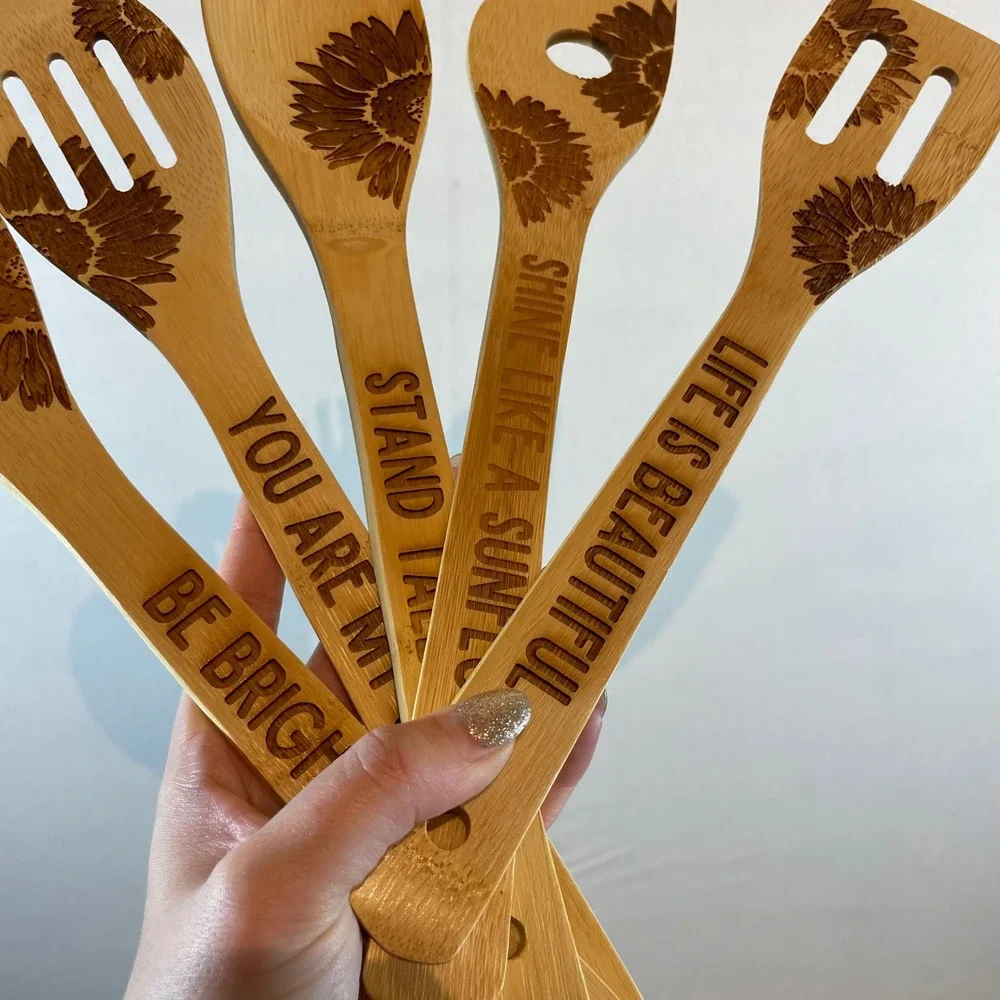 INNObeta Bamboo Cooking Spoon Set‎ 5pc Sunflower Engraved Gift Tube